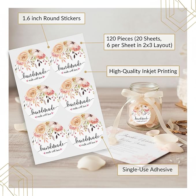 Floral Handmade with Love Stickers, 1.6 Inch Small Round Circle Adhesive Labels for Small Business, Gift Packaging, Envelopes, Baked Goods, Craft Tags, Wedding Favors 120Pcs(Handmade)