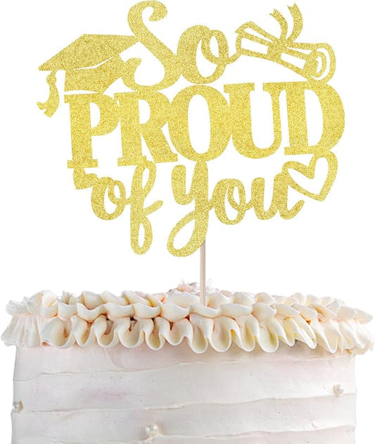 1 Pack So Proud of you Cake Topper with Gold Glitter Diploma Graduation Cap Cake Pick Contrats Class of 2024 Cake Decorations for 2024 Graduation Theme High School Boys Girls Graduate Party