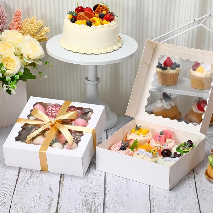COTOPHER Auto Pop Up Cookie Box with Window 8x8x2.5 Inches – 50 Pack White Bakery Boxes with Gold Ribbon for Birthday Party Favors, Wedding, Christmas Gift Packaging for Cookies, Candy, Macarons