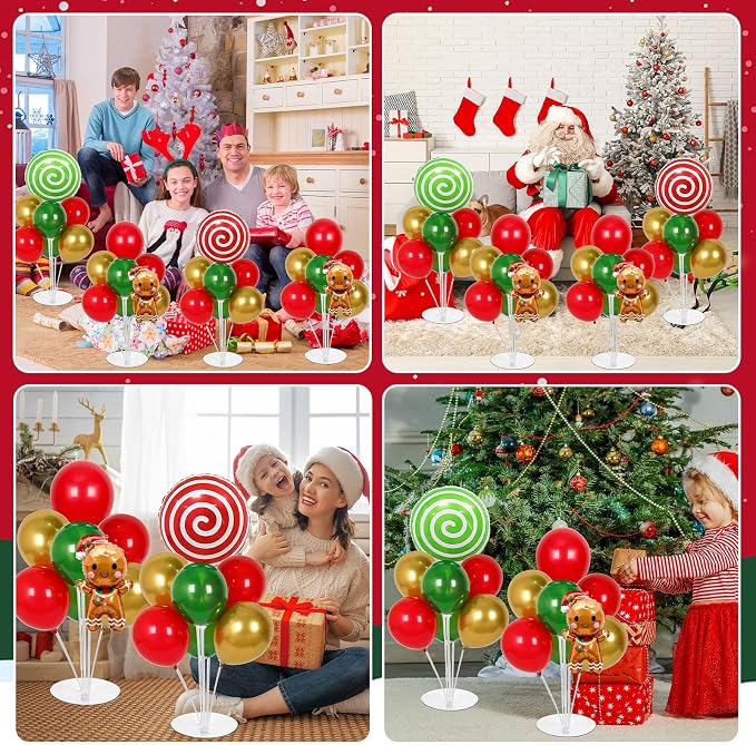 4 Sets Christmas Party Balloons Stand Kit with Gingerbread Man Candy Foil Balloons Party Balloon Centerpiece for Tables for Xmas Holiday Birthday Party Christmas Themed Decorations