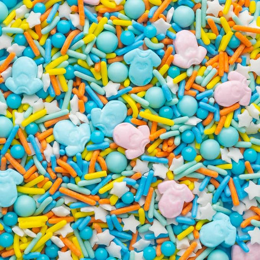 Oasis Supply Baby Shower Sprinkles & Sugar Shapes – Edible Decorations for Cakes, Cupcakes, and Cookies – Gender Reveal, Boy, Girl, and Neutral Party Baking Decorations -- Pink/ Blue Onsies with Sprinkle Mix
