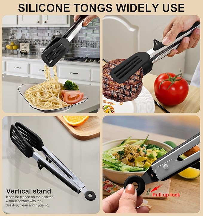 4PCS Flexible Silicone Spatula Turner Set and Kitchen Food Tongs with Silicone Tips, 600F Heat Resistant, Ideal for Flipping Eggs, Fish, Burgers, Pancake and Strong Grip on Salads, Pasta, Steaks, BBQ