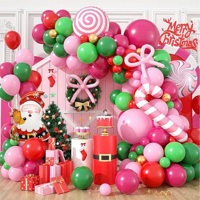 Christmas Balloon Arch Kit, Hot Pink Red Green Metallic Gold Balloons with Snowflake Santa Claus Lollipop Crutch Candy Long Balloons for Christmas Party Xmas Eve Decorations New Year Holiday Supplies