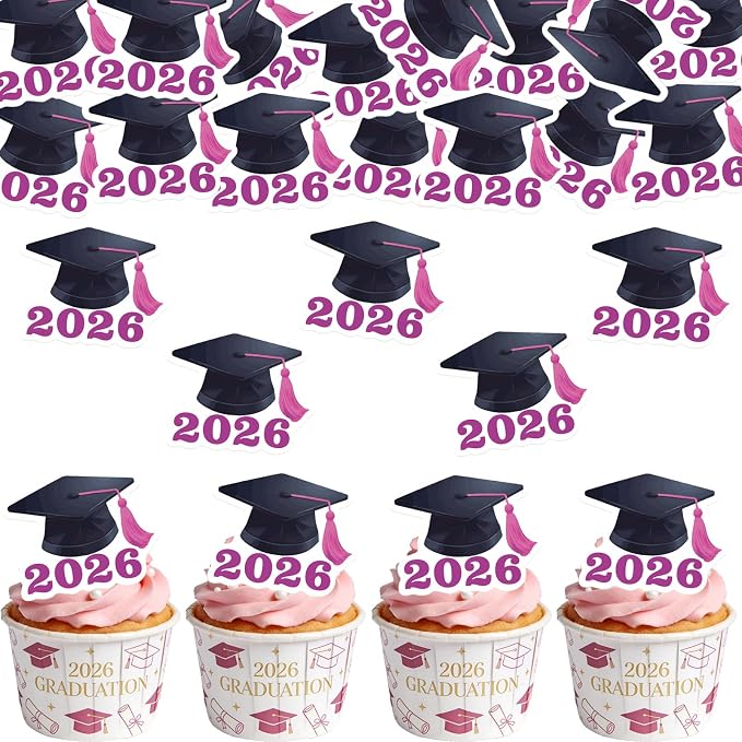 42pcs Edible Graduation Cap Cupcake Toppers Wafer Paper Pink Class of 2026 Cake Decorations Edible Grad Cap Cupcake Picks for 2026 Graduation Theme Party Cake Decor Supplies
