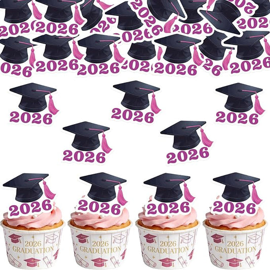 42pcs Edible Graduation Cap Cupcake Toppers Wafer Paper Pink Class of 2026 Cake Decorations Edible Grad Cap Cupcake Picks for 2026 Graduation Theme Party Cake Decor Supplies