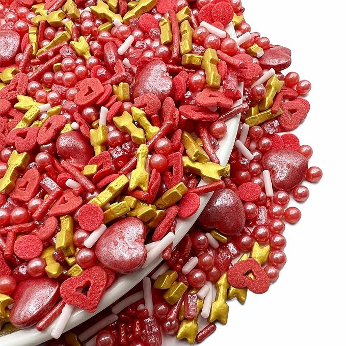 SE Si&Moos Edible Red Hearts and Cupid Arrows Valentines Sprinkles Heart Confetti Edible Sugar Pearls Red and Gold Sprinkles for Cake Decorating, Baking, Ice Cream, Cookies, Cupcake Toppers Party Baby Shower Holiday Supplies 3 OZ