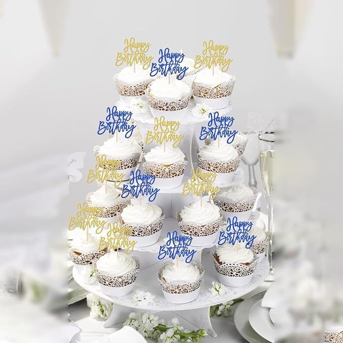 24 PCS Happy Birthday Cupcake Toppers Glitter Happy Birthday Cupcake Picks for Celebrating Anniversary Theme Party Cake Decorations Supplies Blue Gold