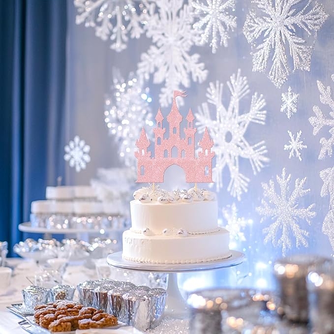 1 PCS Castle Cake Topper Glitter Princess Cake Topper Castle Theme Birthday Party Decoration Princess Happy Birthday Cake Decoration for Baby Shower Girls Princess Birthday Party Supplies Light Pink