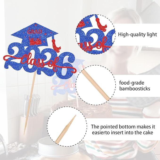 1 Pack Class of 2026 Cake Topper Glitter Congrats Grad Cap 2026 Graduation Cake Pick Decoration for 2026 Graduation Theme High School Graduate Party Cake Decorations Supplies Blue Red