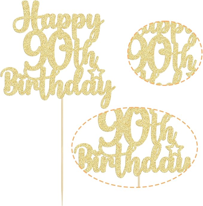 Gyufise 1Pc Happy 90th Birthday Cake Topper Glitter 90 & Fabulous Cheers to 90 Years Old Birthday Cake Pick for Celebrating 90th Birthday Anniversary Party Cake Decorations Supplies Gold