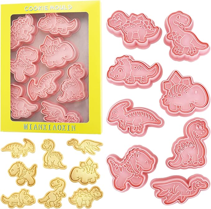 Dinosaur Cookies Cutter with Cookie Stamps 8 Pieces Set 3D Cute Dino Shaped Biscuit Cracker Cutters for Kids (Dinosaur B)