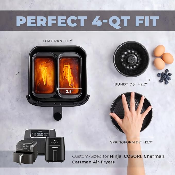CARTMAN 4-Piece Air Fryer Bakeware Set, Non-Stick Carbon Steel Mini Springform, Bundt Cake Pan, 2 Loaf Pans, Fits Ninja, Chefman, Cosori, Instant Pot, Non-Toxic with Online Recipe Guide