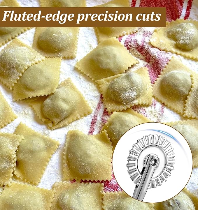 Fluted Pastry Wheel, Pastry Wheel Cutter Tool with Long Wooden Handle, Kitchen Cutter Tool for Pasta, Dumplings and Baking