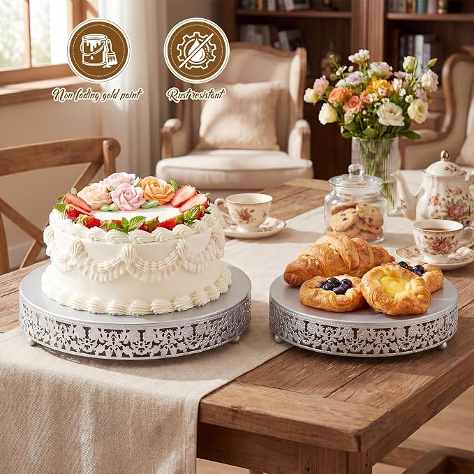 Wenqik 5 Pcs Metal Silver Cake Stand 16/14/12/10/8 Inch Round Cake Holder Display for Dessert Table Cookies Fruit Serving Tray Cupcake Pastry Riser for Wedding Birthday Party and Events