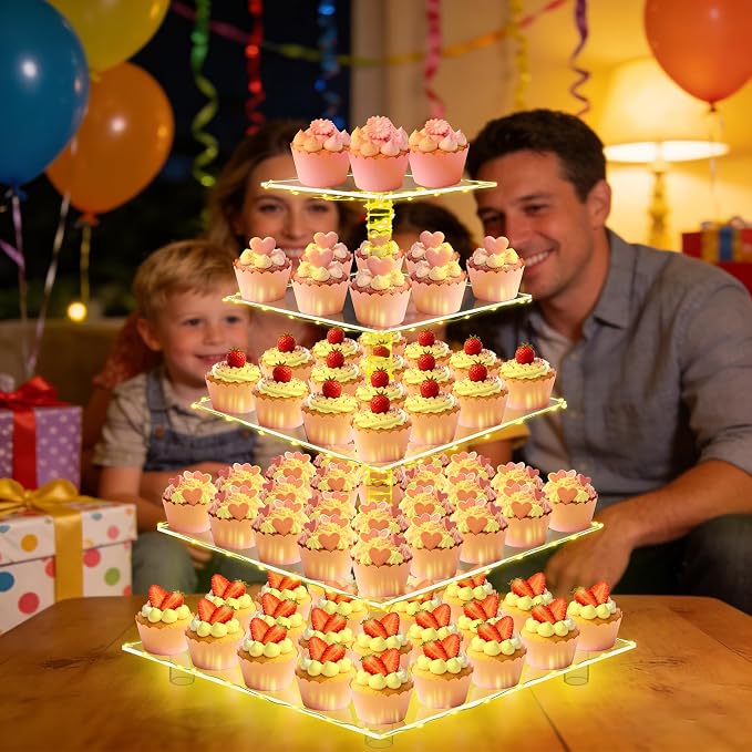 YestBuy 5 Tier Cupcake Stand for 60 Cupcakes,Clear Acrylic Cupcake Tower with Yellow LED Lights and 4.7" Clear Tiers, Perfect for Weddings, Birthdays and Dessert Tables