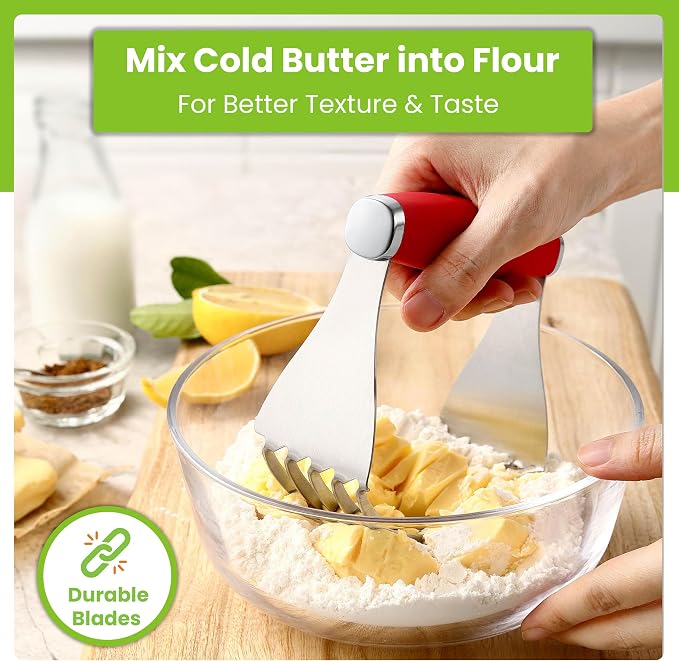 Spring Chef XL Stainless Steel Pastry Cutter Tool for Baking - Heavy Duty Dough Blender - Butter & Dough Cutter Tool with Sharp Blades - Pastry Blender for Easy Mixing - Dishwasher Safe - Red