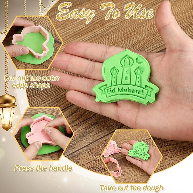 Roshtia 24 Pcs Eid Mubarak Cookie Cutter Ramadan Mubarak Plastic Cookie Stamps Eid Prayers Moon Mould Press Castle Cream Light Plastic Biscuit Cutters Embossing Mold for Baking Fondant Supplies