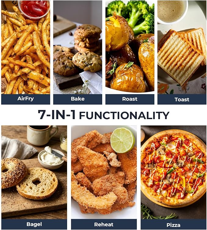 Air Fryer Toaster Oven with Grill, 23 QT Quiet Convection Oven Countertop, 7 Presets, Air Fry, Toast, Bagel, Bake, Roast, Fits 12" Pizza, Stainless Steel