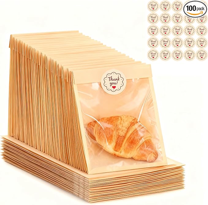 100 PCS Cookie Bags with Thank You Stickers, 5.1x7.5 Inch Paper Bakery Bags with Window for Gift Giving Treats Snacks Baked Goods Packaging (100, 5.1 x 7.5 inch)