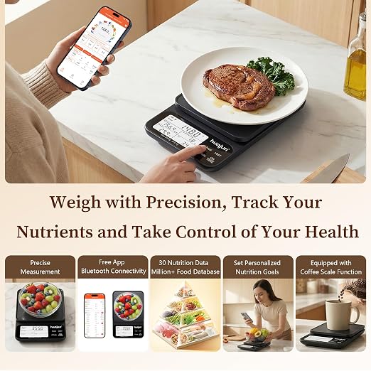 Smart Food Scale with Bluetooth Nutrition Calculator, 0.1g High Precision Digital Kitchen Scale Track 30 Nutrients Calorie Macro, Custom Diet Goals, Barcode Scan 11lb for Meal Prep Weight Loss Keto