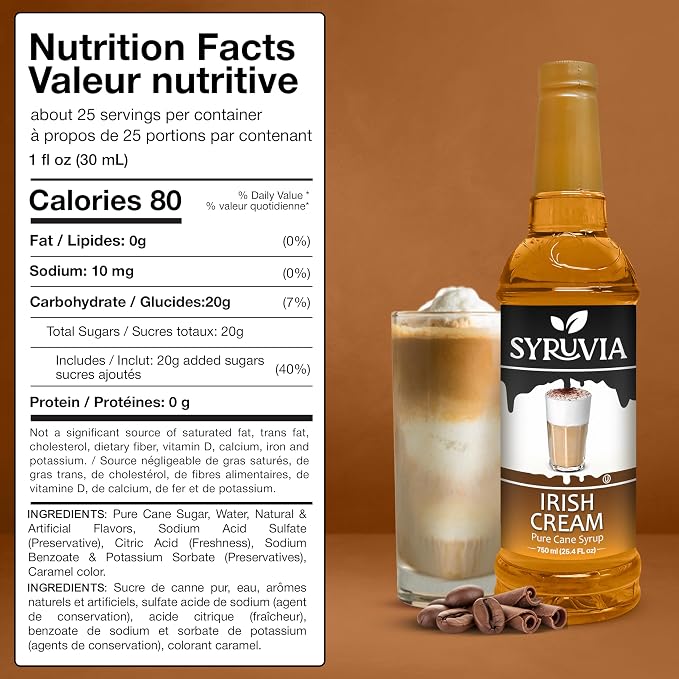 Syruvia Coffee Syrup, Irish Cream Flavored Syrup for Drinks, Lattes, and Desserts – 25.4 fl oz - with Pump