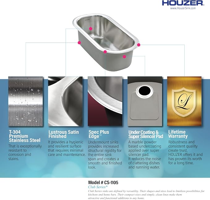 Houzer Club Stainless Steel Kitchen Bar & Prep Sink - 10 Inch Undermount Compact Single Bowl Sink, Durable & Versatile, Essential for Home & Apartment, Nested 40-Pack - CS-1105-40