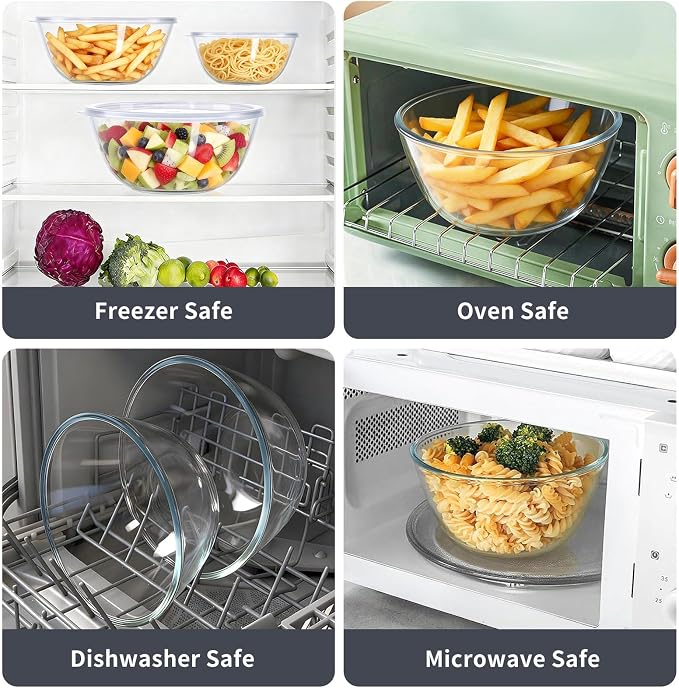 Glass Mixing Bowls with Lids Set(4.68 QT+ 2.89 QT+ 1.1QT)-Large Glass Mixing Bowls, Clear Salad Bowl for Baking, Cooking, Serving, Food Prep, 3PC Nesting Bowls for Kitchen Storage & Dishwasher Safe