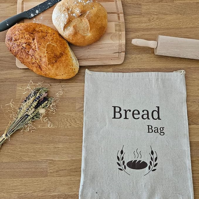 New Living Organic Linen Cotton Bread Bags 2 Pack | Extra Large 44x35 cm | Reusable Bread Storage Bags