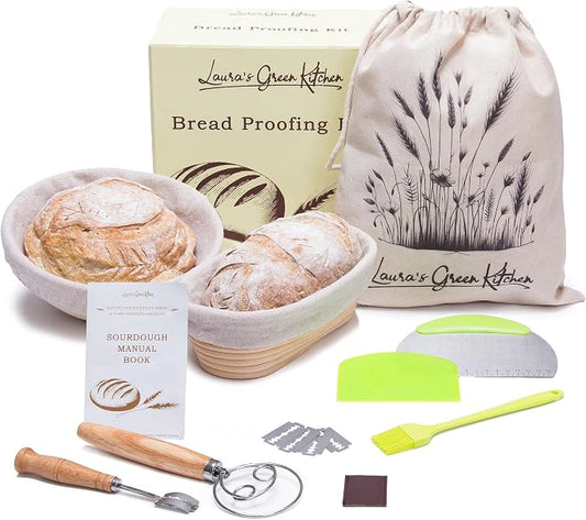 Laura's Green Kitchen Complete Sourdough Starter Kit – Sourdough Bread Baking Supplies with 2 Banneton Bread Proofing Basket, Linen Liners, Bread Lame, 5 Bread Blade for Scoring Dough, Scraper & More
