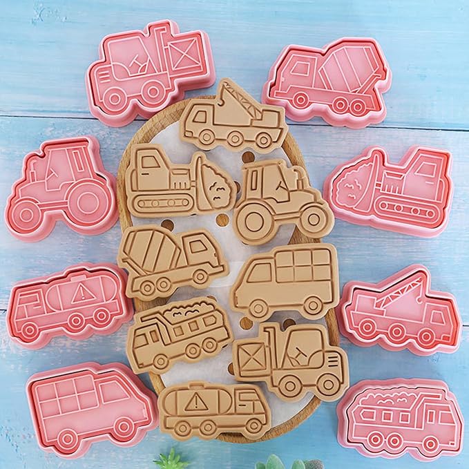 8 Pcs Construction Vehicle Themed Cookie Cutters Set Cute 3D Cartoon Excavators Bulldozers Biscuit Cookie Stamps for Party Cookie Baking Frosting Decoration Fondant Muffins Cheese Mousse