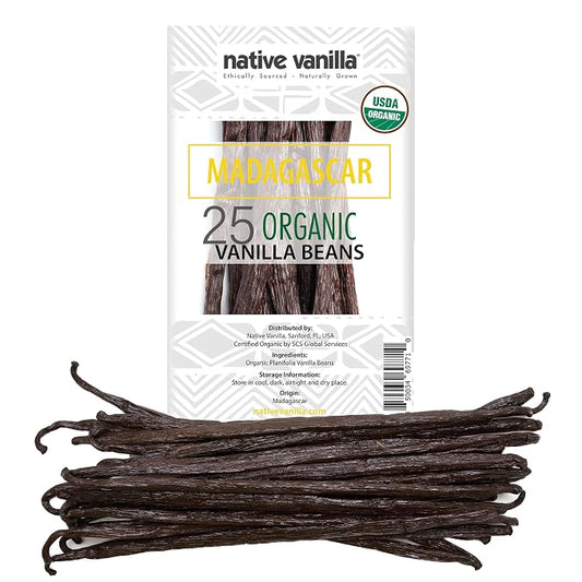 25 Organic Madagascar Vanilla Beans - Gourmet Grade A Premium Vanilla Pods - For Vanilla Extract & Baking - For Cooking, Desserts & More - 100% Vegan & Kosher - Non-GMO & Gluten-Free - Native Vanilla