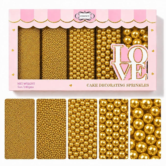 Confect Pearl Gold Sprinkles | Gold Sprinkles for Cakes & Cupcakes Decoration & Celebration | Assorted pack of 5 All That Glitters | Mix Golden Pearl Dragees | Vegan, Gluten-Free, Nut-Free, Soy-Free, Dairy-Free, Palm Oil-Free, No Artificial Dyes- 5 Oz