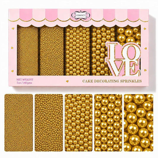 Confect Pearl Gold Sprinkles | Gold Sprinkles for Cakes & Cupcakes Decoration & Celebration | Assorted pack of 5 All That Glitters | Mix Golden Pearl Dragees | Vegan, Gluten-Free, Nut-Free, Soy-Free, Dairy-Free, Palm Oil-Free, No Artificial Dyes- 5 Oz