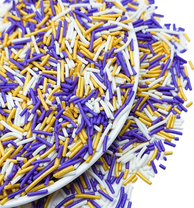 SE Si&Moos Gold Purple and White Jimmies Sprinkles Gold and Purple Halloween Sprinkles for Cake Decorating Edible Crunchy Jimmies for Topping Ice Cream, Cookies, Cakes, Cupcakes, Dessert Decorating 3 OZ