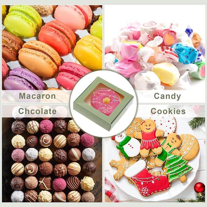 Zonon 60 Pcs Kraft Paper Boxes with Window 4.13 x 4.13 x 1.18 Inch Candy Packaging, Small Gift Boxes, Soap holder, Mini Treat Packaging for Bakery Chocolate Jewelry Display (Sage Green)