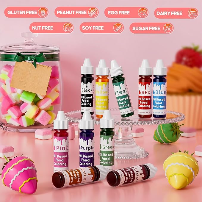 Oil Based Food Coloring for Chocolate – 10 Colors Oil Soluble Gel Food Dye Edible Chocolate Coloring for Candy Melts Buttercream Fondant & Baking Highly Concentrated Food Grade 0.35 Fl. Oz/Bottles