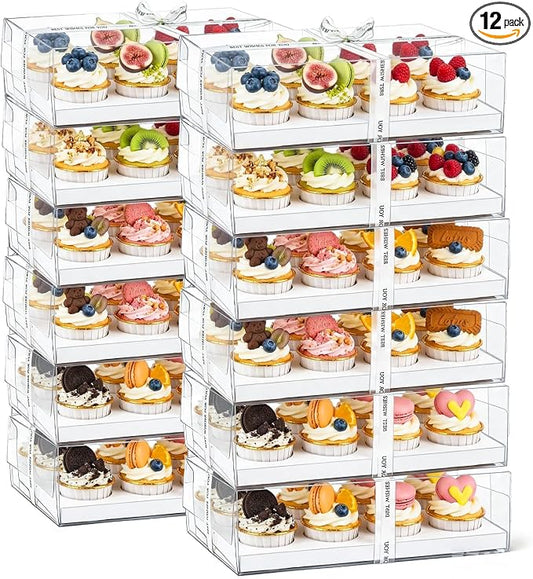 Cedilis 12 Pack Clear Cupcake Boxes, 12 Count Cupcake Containers with Gift Ribbon, Plastic Cupcake Carrier Holder for Cookies, Muffins, Bakeries