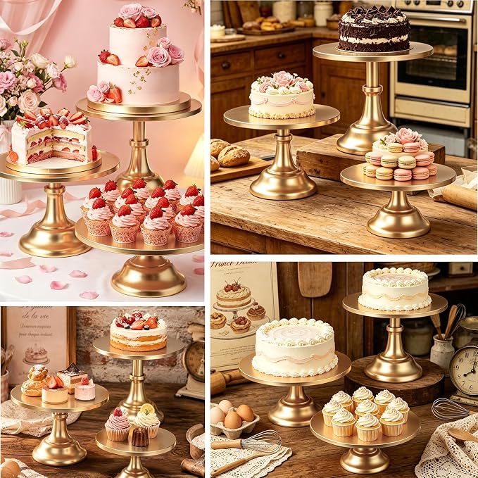 Three-piece Cake Stand Set, Metal Round Trays, 8-inch, 10-inch, and 12-inch, for Dessert Table displays; Perfect for Christmas, Thanksgiving, Birthdays, Weddings, and Other Celebrations(Gold)