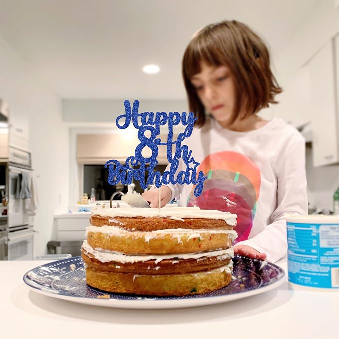 Gyufise 1Pc Happy 8th Birthday Cake Topper Glitter 8 & Fabulous Cheers to 8 Years Old Birthday Cake Pick for Celebrating 8th Anniversary Party Cake Decorations Supplies Blue