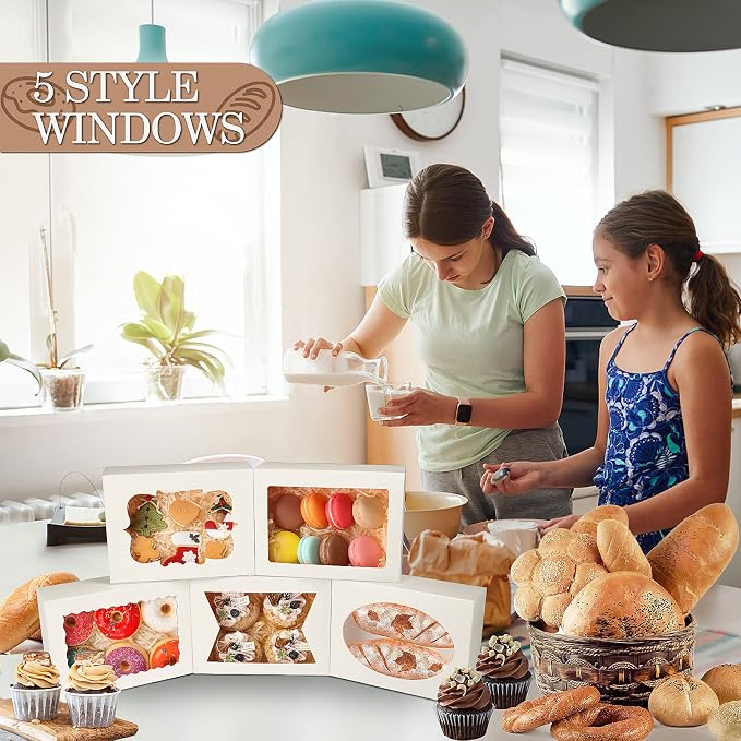 KPOSIYA 65 PCS 8x6x2.5 Inch Cookie Boxes with Window White Bakery Boxes Pastry Boxes for Gift Giving, Treat, Dessert, Cupcakes, Chocolate, Strawberries, Donuts, Muffins (5 Style Windows)