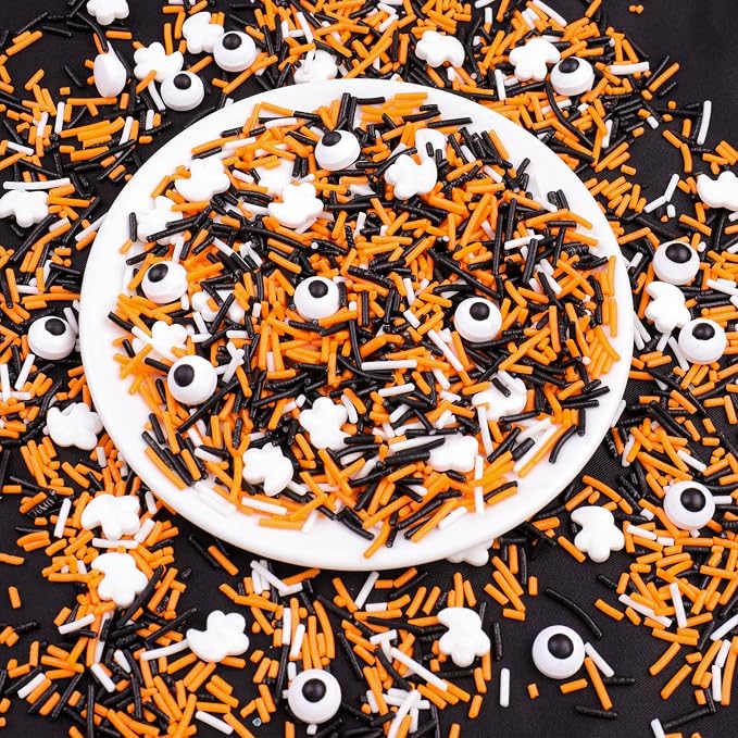 Halloween Sprinkles, Edible Candy Eyes Ghost Mix Halloween Cake Decorations, 4.6oz Black White Orange Jimmies Sprinkles for Cake Decorating
