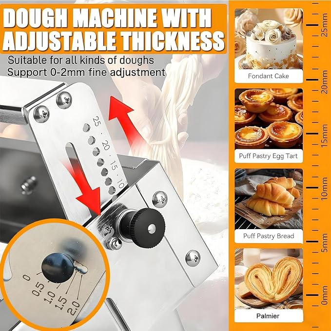 Manual Dough Sheeter Machine, Folding Stainless Steel Dough Roller Machine, 0-27mm Thickness Adjustment, with Press Panel, Ideal for Baking Pizza, Croissants and Puff Pastry