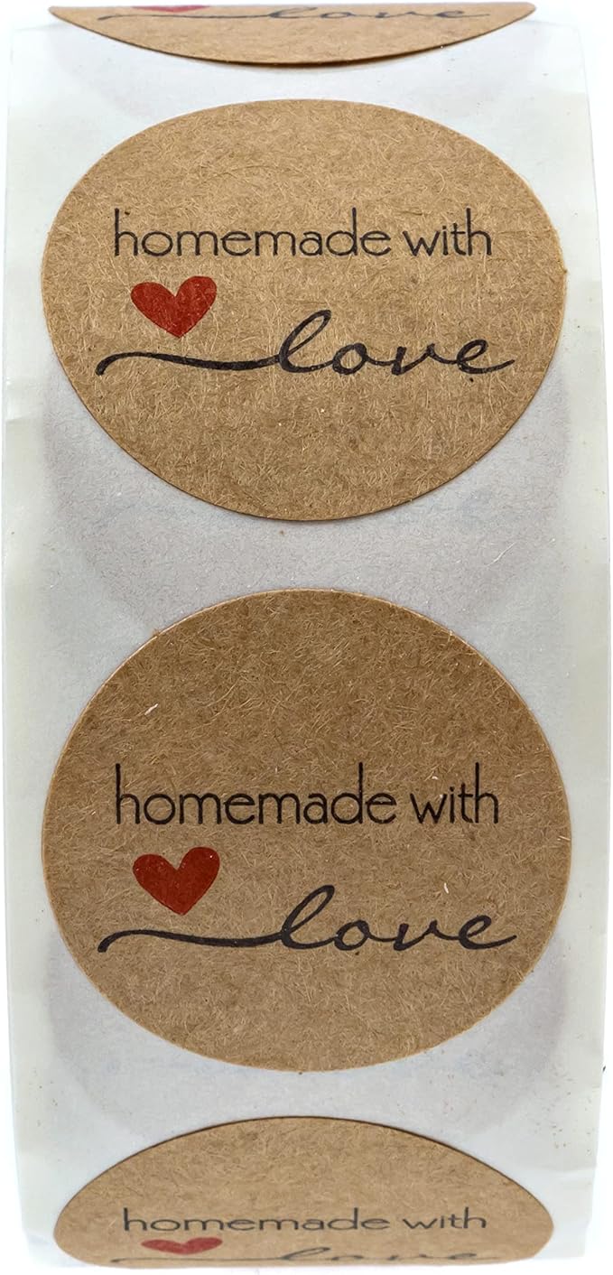 1" Round Natural Brown Kraft Homemade with Love Stickers / 500 Brown Kraft Labels Roll/Made in The USA