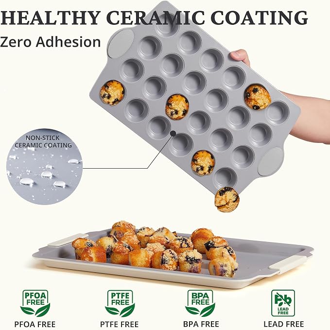 BRONYPRO 24-Cup Non Toxic Nonstick Ceramic Mini Muffin Pan & Cupcake Tin, PFOA & PFOA Free, Heavy Duty Rust-Resistant Aluminized Steel, Oven & Dishwasher Safe, Light Gray
