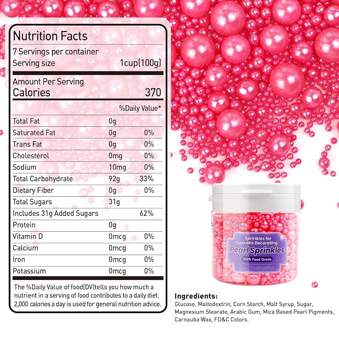 Edible Deep Pink Pearl Sprinkles, Edible Sugar Pearls, 130g/4.58oz, Pink Pearls Sprinkles for Cupcake Decorating, Cupcake Toppers, Cake Decorations, Wedding Party Holiday Supplies