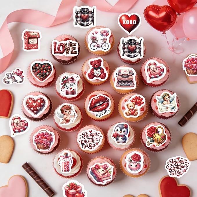 72PCS Edible Happy Valentine’s Day Cupcake Toppers Wafer Paper Sweet Love Be Mine Kiss Me Cupcake Picks Valentine’s Cake Decor for Valentine's Day Theme Wedding Party Supplies