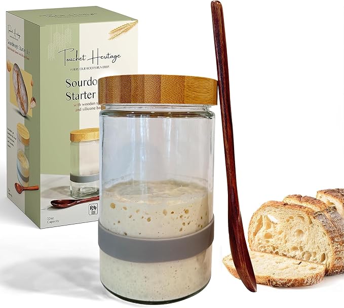Sourdough Starter Jar (32oz) | Sourdough Starter Kit | Thick, Durable Glass w/Bamboo Lid | 6.5” x 4" | Wide Mouth Glass Jar for Sourdough with Wooden Spoon & Silicone Measuring Band