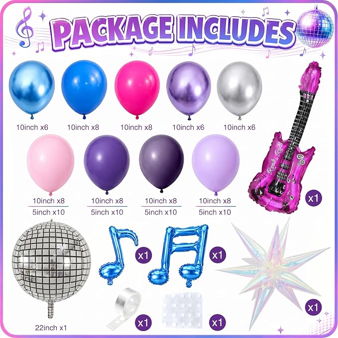 Kpop Music Balloon Garland Arch Kit, Pastel Hot Pink Metallic Blue Purple Silver Balloons Disco Ball Guitar Music Note Exploding Star Foil Balloon for Girls Music Prom Fans Birthday Party Decorations