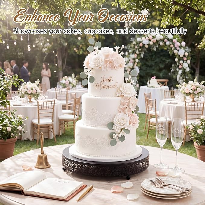Wenqik 16 Inch Black Cake Stand Set Metal Round Cupcake Dessert Stand with Cake Cutting, Spatula Wedding Cupcake Pastry Display Candy Holder Display for Wedding Party Birthday Baby Shower(Classic)