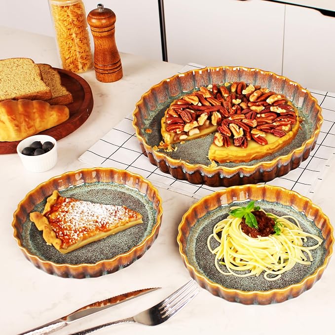 11.6 Inch Large Quiche Tart Pans Pan, 1.4 Qt Ceramic Au gratin pans, Fluted Ruffled Edge for Quiche Baking Dish/Pie Pan - Microwave Freezer Dishwasher Oven safe - Great Gift for Bakers